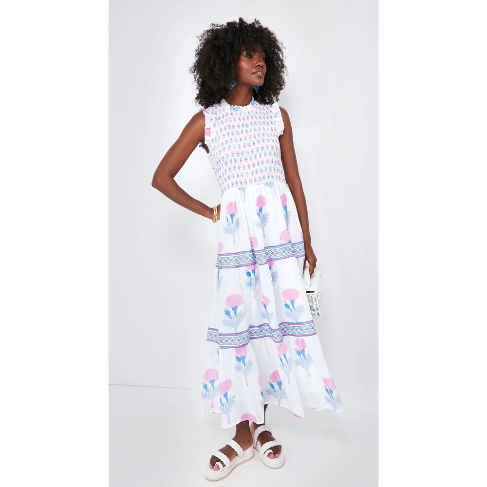 OLIPHANT Tuckernuck Sleeveless Smocked Maxi Dress Pink Bloom Block Print XL